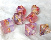 Fuschia DnD Dice Set, Polyhedral dice, D D dice, Dungeons and Dragons, Table Top Role Playing. Translucent Red and Purple Glitter Dice