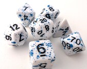 Blue Splatter DnD Dice Set, Polyhedral dice, D D dice, Dungeons and Dragons, Table Top Role Playing Dice. White with splatter paint