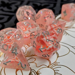 Strawberry TTRPG Dice Set, Polyhedral D&D dice, Dungeons and Dragons, Table Top Role Playing. Bright fruit slices in Resin with Glitter