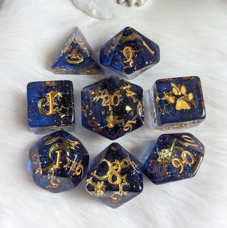 Moon and Stars Dice Set: 8 Piece Blue Resin Polyhedral Dice for D&D image 9