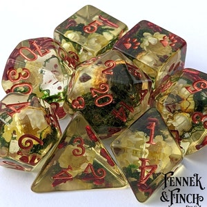 Yellow Flowers and Moss TTRPG Dice Set, Polyhedral dice, D&D dice, Dungeons and Dragons, Table Top Role Playing, Real flowers plant dice