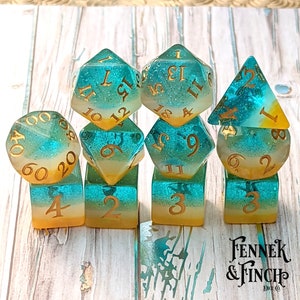 Beach Party Dice Set, TTRPG Polyhedral dice, D&D dice, Dungeons and Dragons, Table Top Role Playing. Layered Ocean Shore Blue, Gold, White