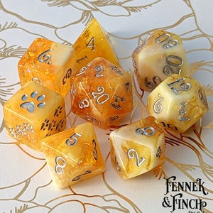 Crystalized Honey TTRPG Dice Set, Polyhedral dice, D&D dice, Dungeons and Dragons, Table Top Role Playing. Marbled resin with glitter n foil