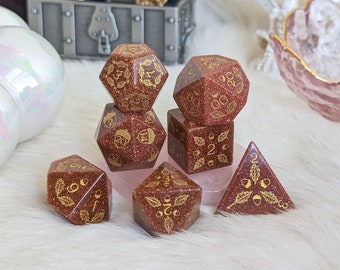 Acorn and Oak Goldstone DnD Dice Set, Polyhedral dice, D&D dice, Dungeons and Dragons, TTRPG Dice. Real Glass Gemstone Dice Set