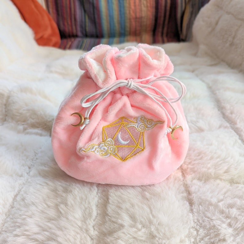 Dreamy Multi pocket dice bag. Transportable dice storage for TTRPG dice and miniatures. D20 moon and clouds embroidered dice bag in pink image 5