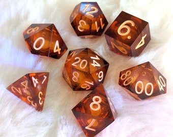 Amber Ale Liquid Core DnD Dice Set, Polyhedral dice, D&D dice, Dungeons and Dragons, Table Top Role Playing Dice. Sharp Edge Dice