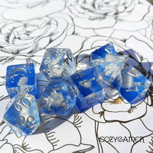 White Swan TTRPG Dice Set, Polyhedral dice, D&D dice, Dungeons and Dragons, Table Top Role Playing. Miniature White Swan on Water