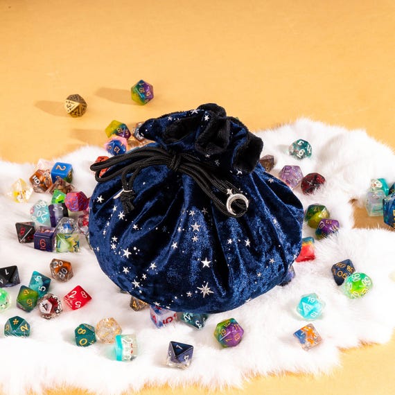 Blue and Black Velvet Starry Dice Bag: Plush TTRPG Storage with Multiple Pockets