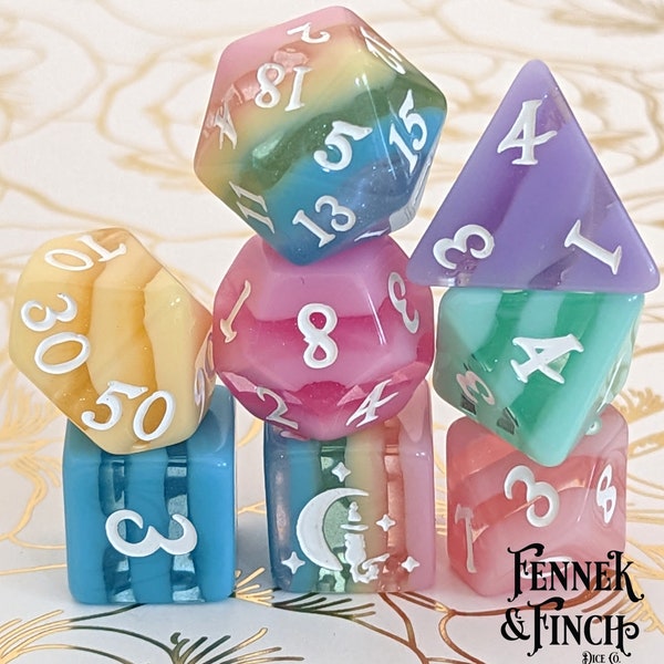 Pastel Rainbow TTRPG Dice Set, Polyhedral dice, D&D dice, Dungeons and Dragons, Table Top Role Playing. Pastel Rainbow Dice