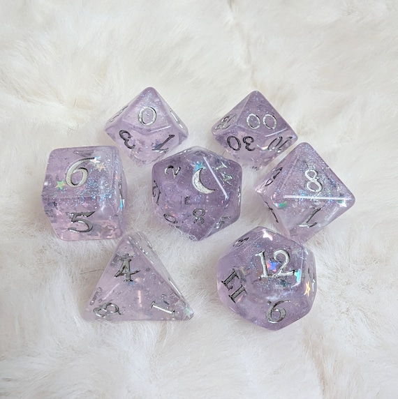 DnD Dice Set Lavender Silver Moonbeam Polyhedral Dice for RPG Players