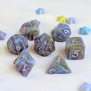 Mystic Riptide 7pc Dice Set – Teal & Indigo Marbled Resin DnD Dice with Silver Font – Polyhedral RPG Dice for Dungeons and Dragons