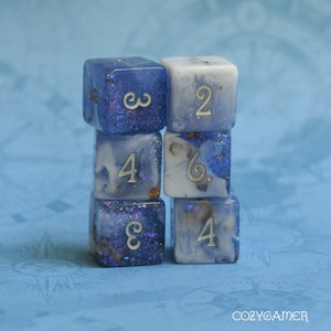 Snow Peak 6D6 Dice Set – Swirled Periwinkle & White Glitter Dice with Gold Foil, Logo-Free D6 Set for DnD, TTRPG Damage Rolls. MTG Counters