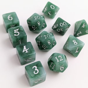Jade Forest Dice Set - 11 Piece Green and White Resin Dice for DnD, Silver Ink TTRPG Dice Set with Extra D6s and D20, Forest Magic Dice