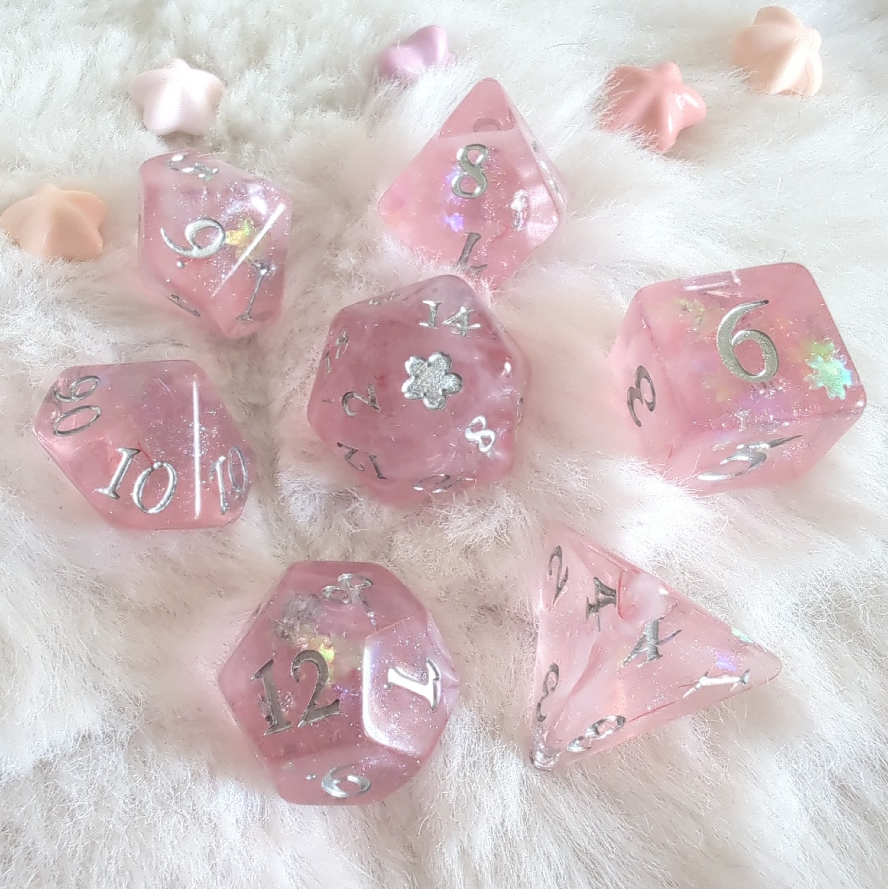 Cherry Blossom DnD Dice Set, Polyhedral dice, D&D dice, Dungeons and Dragons, Table Top Role Playing. Resin dice with fantasy font