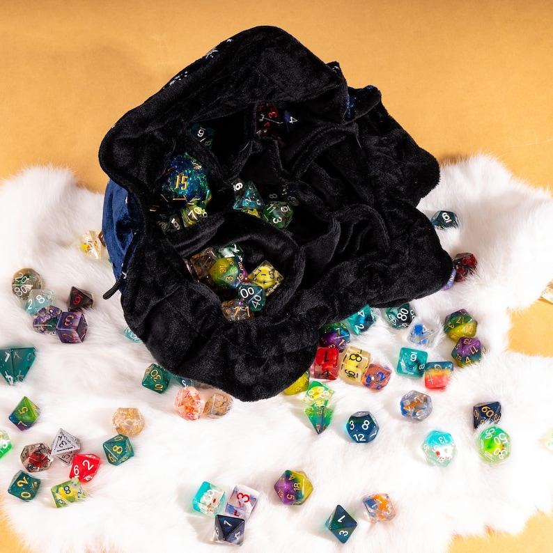 Blue and Black Velvet Starry Dice Bag: Plush TTRPG Storage with Multiple Pockets image 8