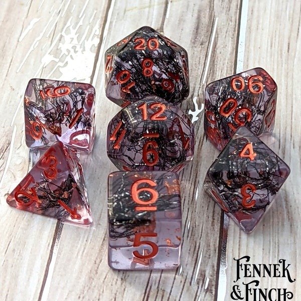 Hollow One TTRPG Dice Set, Polyhedral dice, D&D dice, Dungeons and Dragons, Table Top Role Playing. Thread and copper foil. Warlock, Undead