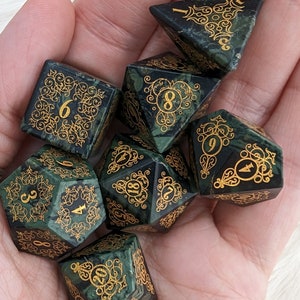 Green Jasper DnD Dice Set 7pc Polyhedral Gemstone RPG Dice – Garden Gate Design, Real Stone
