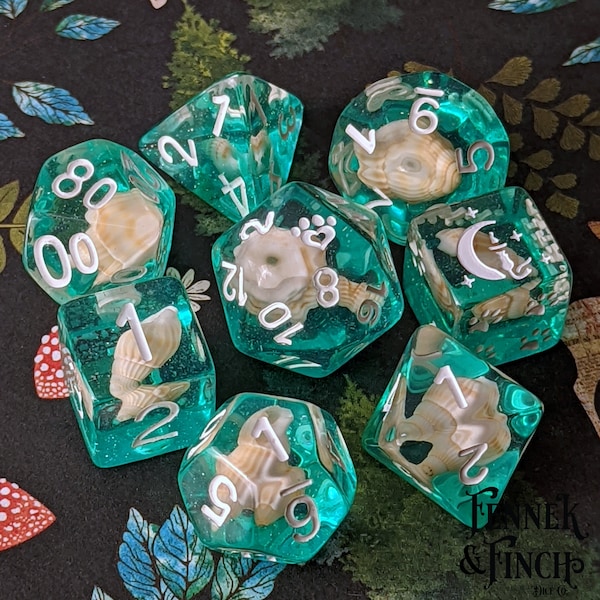 Sea Shell TTRPG Dice Set, Polyhedral dice, D&D dice, Dungeons and Dragons, Table Top Role Playing. Real Shells in Teal glitter resin