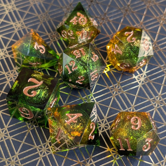 Liquid Core DnD Dice Set in Green and Brown, Polyhedral dice, D&D dice, Dungeons and Dragons, Table Top Role Playing Dice. Sharp Edge Dice