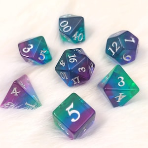 Aurora Dice Set – 7 Piece Layered Resin DnD Dice Set, Northern Lights Themed Polyhedral Dice in Green, Blue, Purple, TTRPG Fantasy Dice