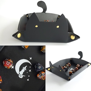 Black Cat Dice Tray. Dice rolling tray, snap in place folding dice tray. Cat shaped dice tray for DnD and TTRPGs