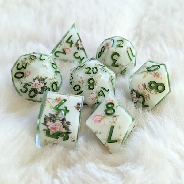 Tea Rose Garden DnD Dice Set, Polyhedral dice, D&D dice, Dungeons and Dragons, Table Top Role Playing Dice. Sharp Edge Dice