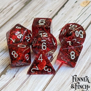 Blood Skies Dice Set, TTRPG Polyhedral dice, D&D dice, Dungeons and Dragons, Table Top Role Playing. Red resin with tiny bat glitter dice