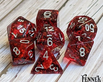 Blood Skies Dice Set, TTRPG Polyhedral dice, D&D dice, Dungeons and Dragons, Table Top Role Playing. Red resin with tiny bat glitter dice