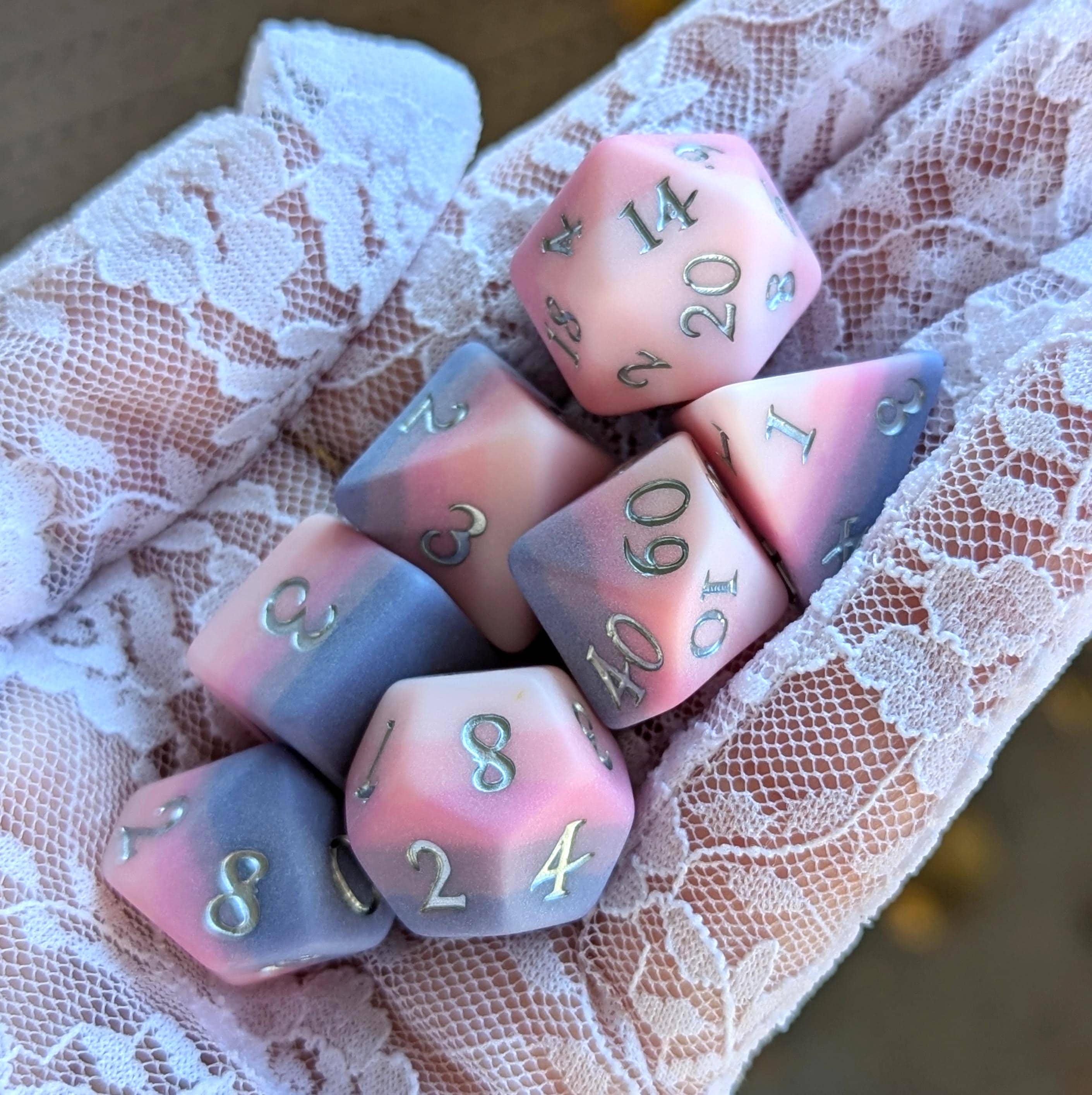 Dreamweaver DnD Dice Set, Polyhedral dice, D&D dice, Dungeons and Dragons, Table Top Role Playing. Layered resin dice with fantasy font