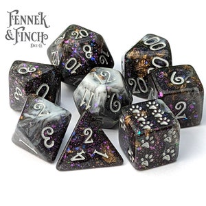 Black Fog TTRPG Dice Set, Polyhedral dice, D&D dice, Dungeons and Dragons, Table Top Role Playing. Marbled resin with glitter n foil