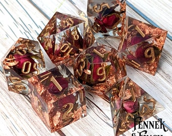 FLAWED Rose TTRPG Dice Set, Polyhedral dice, Dungeons and Dragons, Table Top Role Playing. Sharp Edge resin dice