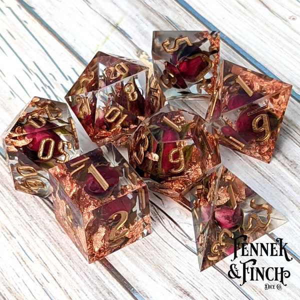 FLAWED Rose TTRPG Dice Set, Polyhedral dice, Dungeons and Dragons, Table Top Role Playing. Sharp Edge resin dice