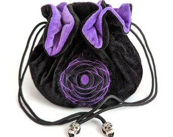 Multi pocket dice bag in black and purple. Transportable dice storage for TTRPG dice and miniatures. Warlock inspired embroidered dice bag