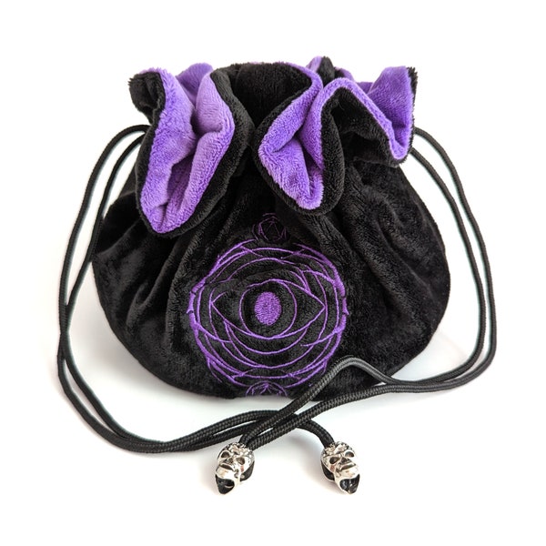 Multi pocket dice bag in black and purple. Transportable dice storage for TTRPG dice and miniatures. Warlock inspired embroidered dice bag