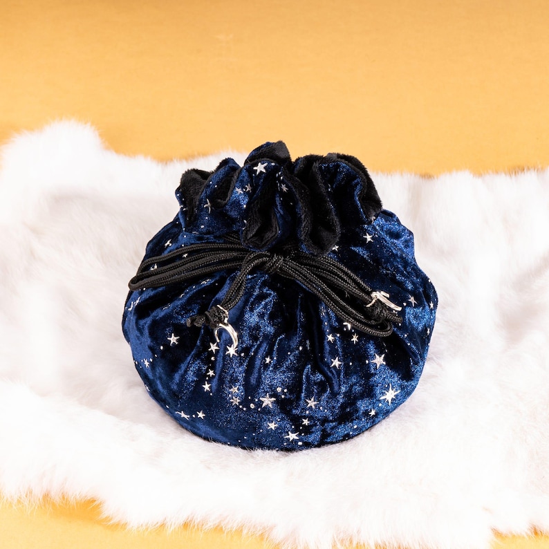 Blue and Black Velvet Starry Dice Bag: Plush TTRPG Storage with Multiple Pockets image 2