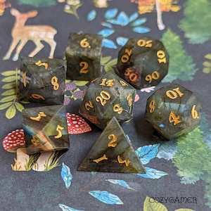 Labradorite Gemstone DnD 7pc Dice Set, Polyhedral dice, D&D dice, Dungeons and Dragons, Table Top Role Playing Dice. Real Stone
