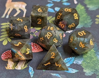 Juego de dados de labradorita con piedras preciosas para DnD - Dados poliédricos de piedra real para RPG, 7 piezas de dados para juegos de rol TTRPG - Diseño original