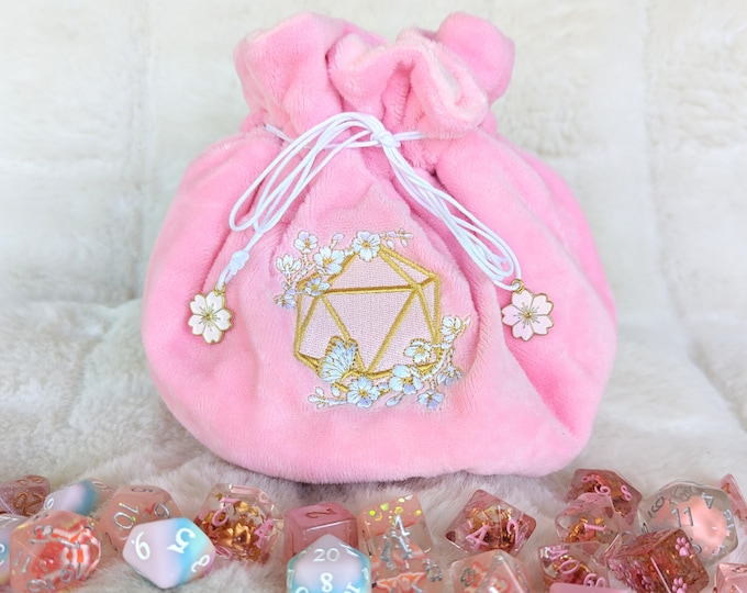 Cherry Blossom Multi pocket dice bag. Transportable dice storage for TTRPG dice and miniatures. D20 Floral embroidered dice bag in pink