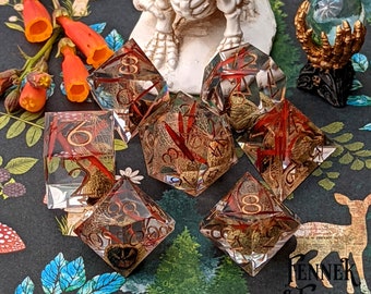 Eucalyptus DnD Dice Set - Real Dried Eucalyptus Pods in Clear Resin with Red Grass Dice Set 7pc Sharp Edge D&D RPG