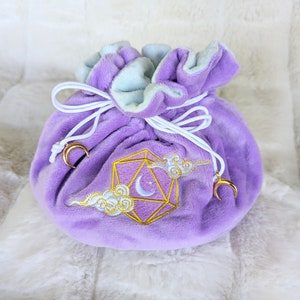 Dreamy Multi pocket dice bag. Transportable dice storage for TTRPG dice and miniatures. D20 Crescent moon and clouds embroidered dice bag