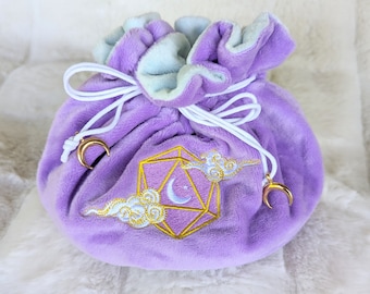 Dreamy Multi pocket dice bag. Transportable dice storage for TTRPG dice and miniatures. D20 Crescent moon and clouds embroidered dice bag