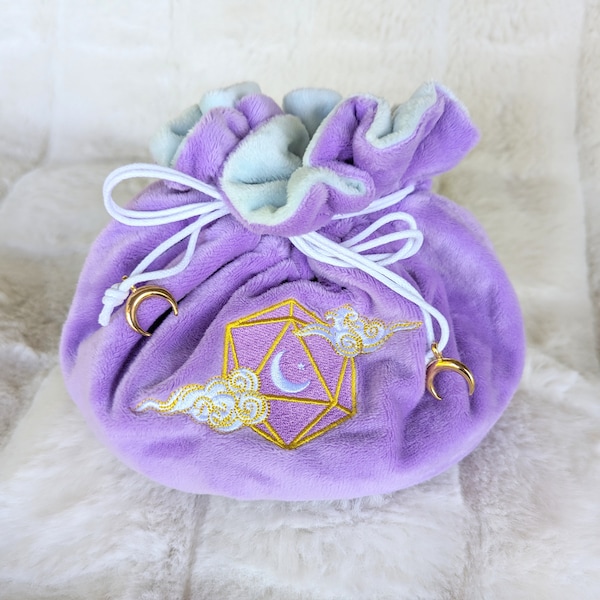 Dreamy Multi pocket dice bag. Transportable dice storage for TTRPG dice and miniatures. D20 Crescent moon and clouds embroidered dice bag
