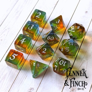 Sunrise Dice Set – Warm Gradient 11pc DnD Dice, Orange Yellow Green Blue Ombre Dice Set, TTRPG Dice for Dungeons and Dragons