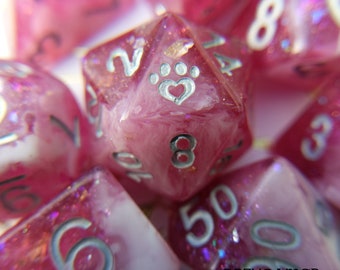Berry Wine Glitter Dice Set - Burgundy Resin, Glitter and Foil, Polyhedral D&D Dice, Cat Wizard D6, Original Design