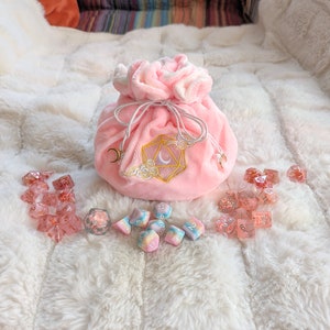 Dreamy Multi pocket dice bag. Transportable dice storage for TTRPG dice and miniatures. D20 moon and clouds embroidered dice bag in pink image 9