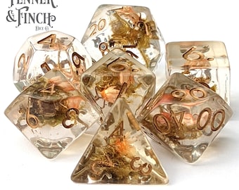 Tiny Orange Flowers and Moss Dice Set, TTRPG Polyhedral dice, D&D dice, Dungeons and Dragons, Table Top Role Games, Real flowers plant dice