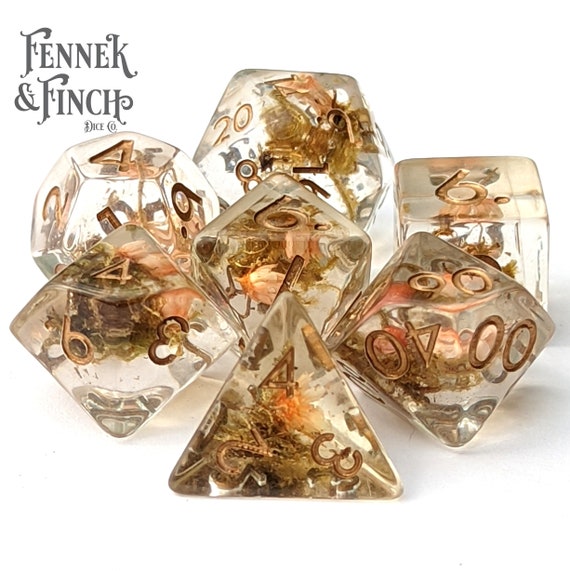 Orange Flower Moss Dice Set - Terrarium Dice, Dried Flowers and