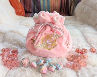 Dreamy Multi pocket dice bag. Transportable dice storage for TTRPG dice and miniatures. D20 moon and clouds embroidered dice bag in pink