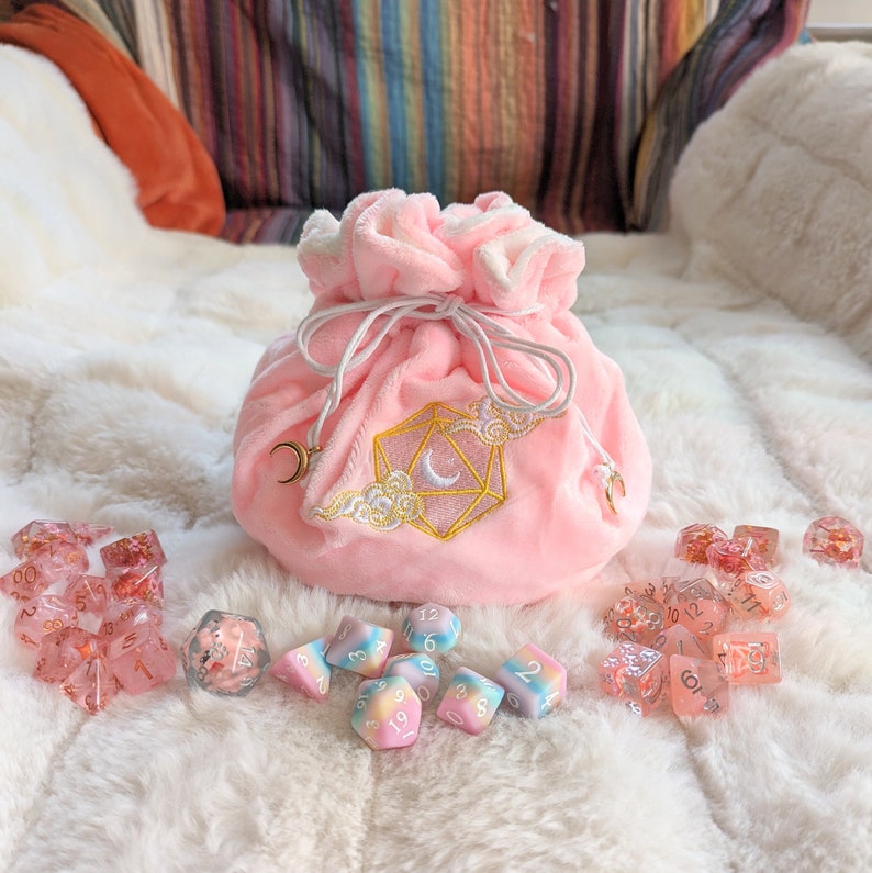 Dreamy Multi pocket dice bag. Transportable dice storage for TTRPG dice and miniatures. D20 moon and clouds embroidered dice bag in pink image 1