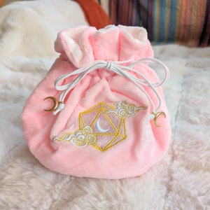 Dreamy Multi pocket dice bag. Transportable dice storage for TTRPG dice and miniatures. D20 moon and clouds embroidered dice bag in pink image 10